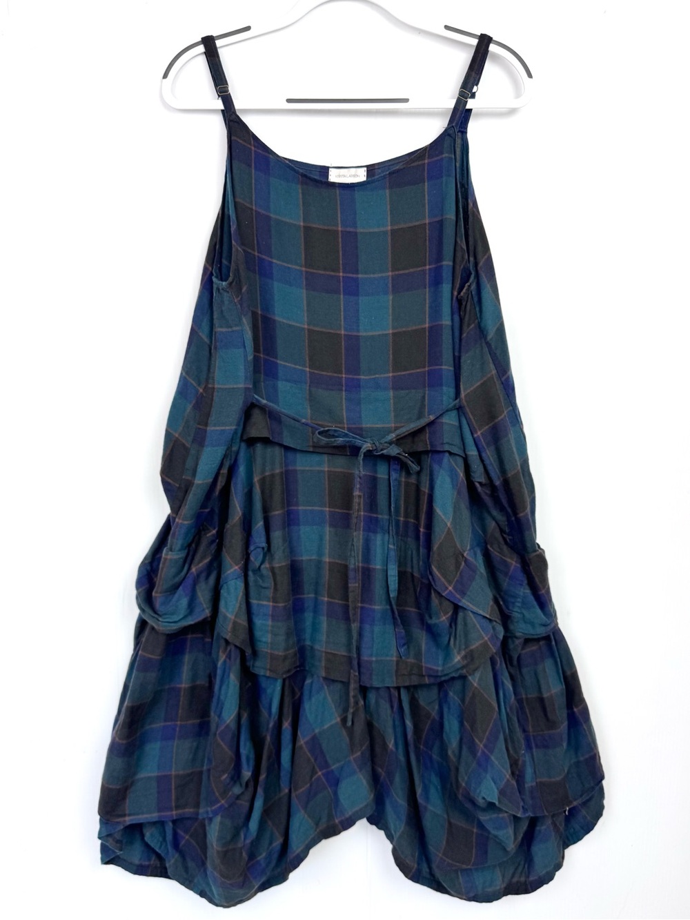Krista Larson blue and green plaid Umbrella Slip midi Dress - Picture 2 of 9
